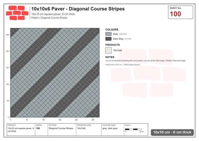 Interlock (Pasco) 10x10 cm · SQ11-100 · Diagonal Course Stripes · Laying plan Interlock (Pasco) 10x10 cm · SQ11-100 · Diagonal Course Stripes · Laying plan