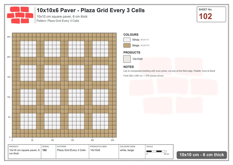 Interlock (Pasco) 10x10 cm · SQ11-102 · Plaza Grid Every 3 Cells · Laying plan Interlock (Pasco) 10x10 cm · SQ11-102 · Plaza Grid Every 3 Cells · Laying plan