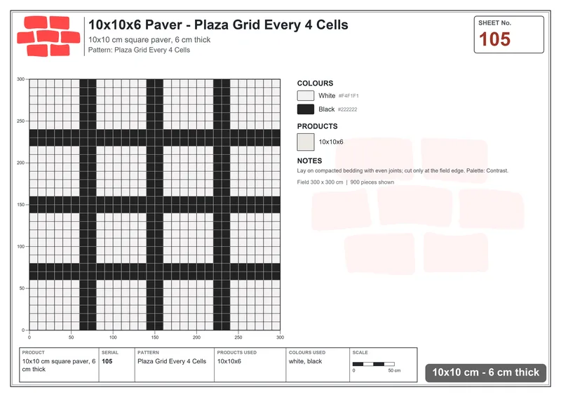 Interlock (Pasco) 10x10 cm · SQ11-105 · Plaza Grid Every 4 Cells · Laying plan Interlock (Pasco) 10x10 cm · SQ11-105 · Plaza Grid Every 4 Cells · Laying plan