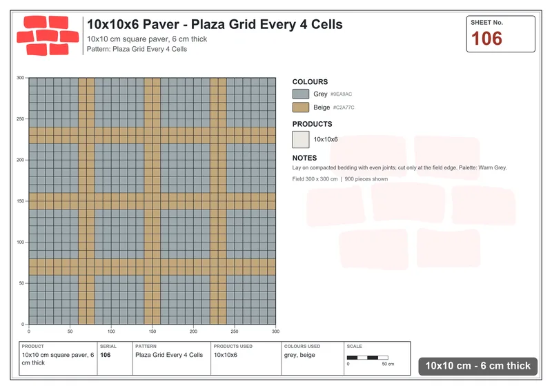 Interlock (Pasco) 10x10 cm · SQ11-106 · Plaza Grid Every 4 Cells · Laying plan Interlock (Pasco) 10x10 cm · SQ11-106 · Plaza Grid Every 4 Cells · Laying plan