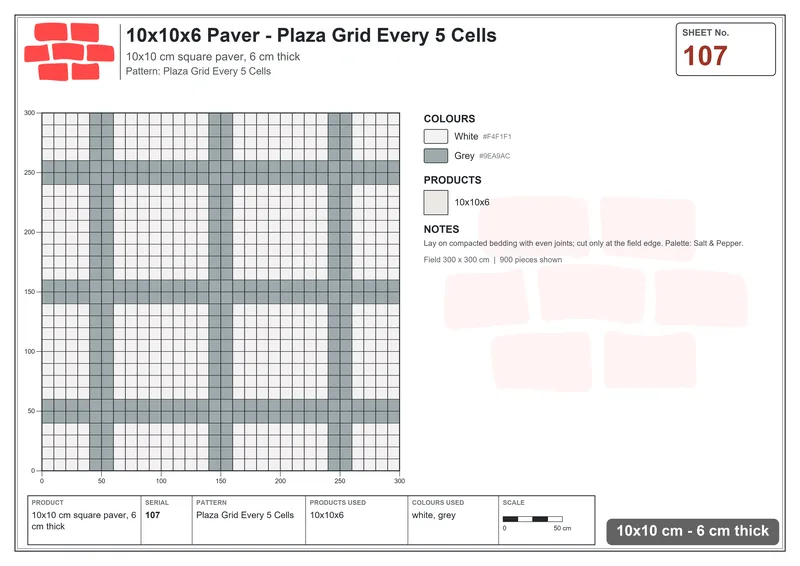 Interlock (Pasco) 10x10 cm · SQ11-107 · Plaza Grid Every 5 Cells · Laying plan Interlock (Pasco) 10x10 cm · SQ11-107 · Plaza Grid Every 5 Cells · Laying plan