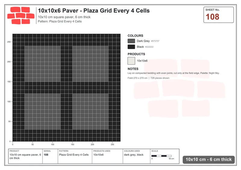Interlock (Pasco) 10x10 cm · SQ11-108 · Plaza Grid Every 4 Cells · Laying plan Interlock (Pasco) 10x10 cm · SQ11-108 · Plaza Grid Every 4 Cells · Laying plan