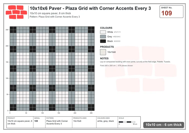 Interlock (Pasco) 10x10 cm · SQ11-109 · Plaza Grid with Corner Accents Every 3 · Laying plan Interlock (Pasco) 10x10 cm · SQ11-109 · Plaza Grid with Corner Accents Every 3 · Laying plan