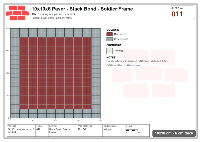 Interlock (Pasco) 10x10 cm · SQ11-11 · Stack Bond - Soldier Frame · Laying plan Interlock (Pasco) 10x10 cm · SQ11-11 · Stack Bond - Soldier Frame · Laying plan