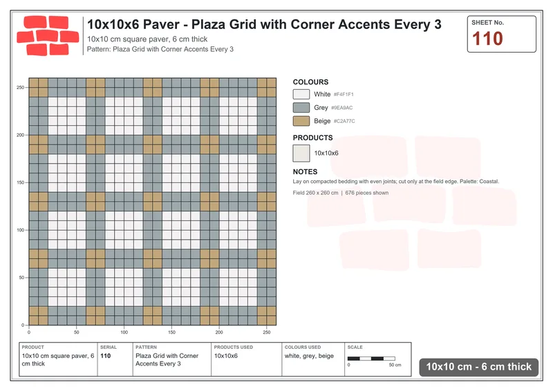 Interlock (Pasco) 10x10 cm · SQ11-110 · Plaza Grid with Corner Accents Every 3 · Laying plan Interlock (Pasco) 10x10 cm · SQ11-110 · Plaza Grid with Corner Accents Every 3 · Laying plan