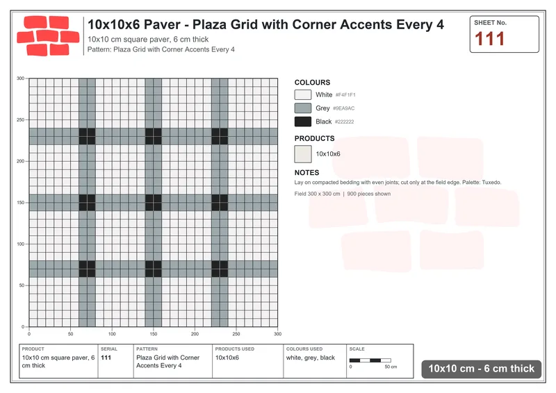 Interlock (Pasco) 10x10 cm · SQ11-111 · Plaza Grid with Corner Accents Every 4 · Laying plan Interlock (Pasco) 10x10 cm · SQ11-111 · Plaza Grid with Corner Accents Every 4 · Laying plan
