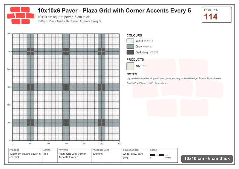 Interlock (Pasco) 10x10 cm · SQ11-114 · Plaza Grid with Corner Accents Every 5 · Laying plan Interlock (Pasco) 10x10 cm · SQ11-114 · Plaza Grid with Corner Accents Every 5 · Laying plan