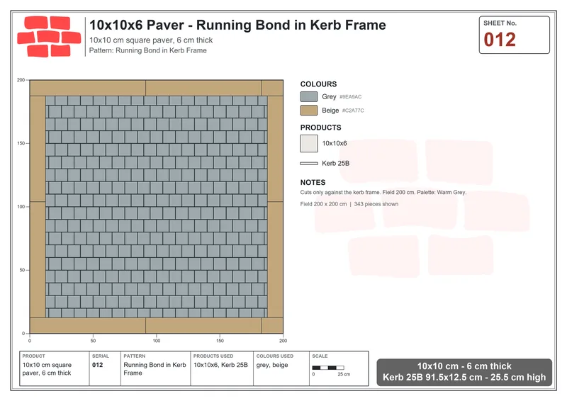 Interlock (Pasco) 10x10 cm · SQ11-12 · Running Bond in Kerb Frame · Laying plan Interlock (Pasco) 10x10 cm · SQ11-12 · Running Bond in Kerb Frame · Laying plan