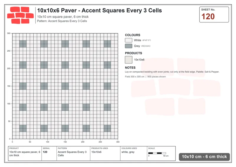 Interlock (Pasco) 10x10 cm · SQ11-120 · Accent Squares Every 3 Cells · Laying plan Interlock (Pasco) 10x10 cm · SQ11-120 · Accent Squares Every 3 Cells · Laying plan