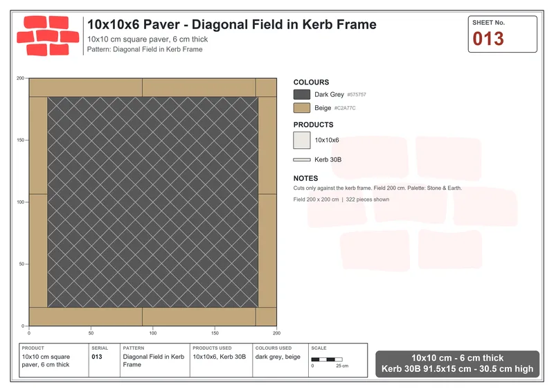 Interlock (Pasco) 10x10 cm · SQ11-13 · Diagonal Field in Kerb Frame · Laying plan Interlock (Pasco) 10x10 cm · SQ11-13 · Diagonal Field in Kerb Frame · Laying plan