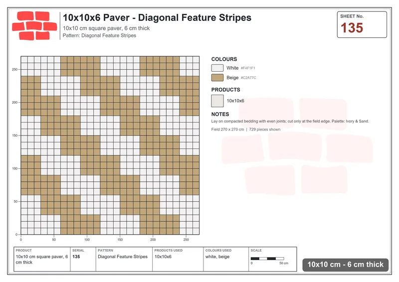 Interlock (Pasco) 10x10 cm · SQ11-135 · Diagonal Feature Stripes · Laying plan Interlock (Pasco) 10x10 cm · SQ11-135 · Diagonal Feature Stripes · Laying plan
