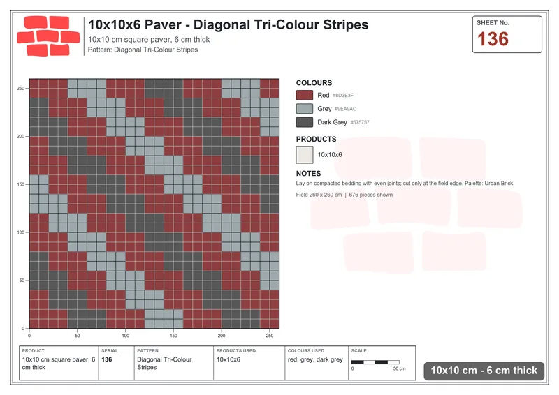 Interlock (Pasco) 10x10 cm · SQ11-136 · Diagonal Tri-Colour Stripes · Laying plan Interlock (Pasco) 10x10 cm · SQ11-136 · Diagonal Tri-Colour Stripes · Laying plan