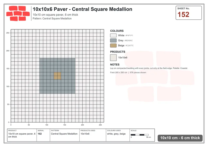 Interlock (Pasco) 10x10 cm · SQ11-152 · Central Square Medallion · Laying plan Interlock (Pasco) 10x10 cm · SQ11-152 · Central Square Medallion · Laying plan