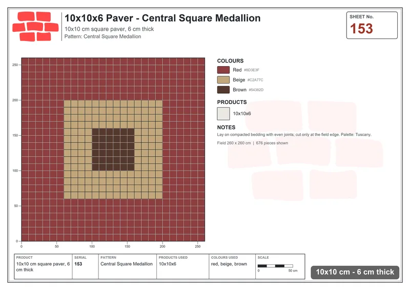 Interlock (Pasco) 10x10 cm · SQ11-153 · Central Square Medallion · Laying plan Interlock (Pasco) 10x10 cm · SQ11-153 · Central Square Medallion · Laying plan