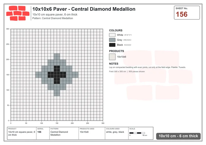 Interlock (Pasco) 10x10 cm · SQ11-156 · Central Diamond Medallion · Laying plan Interlock (Pasco) 10x10 cm · SQ11-156 · Central Diamond Medallion · Laying plan