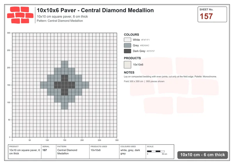 Interlock (Pasco) 10x10 cm · SQ11-157 · Central Diamond Medallion · Laying plan Interlock (Pasco) 10x10 cm · SQ11-157 · Central Diamond Medallion · Laying plan