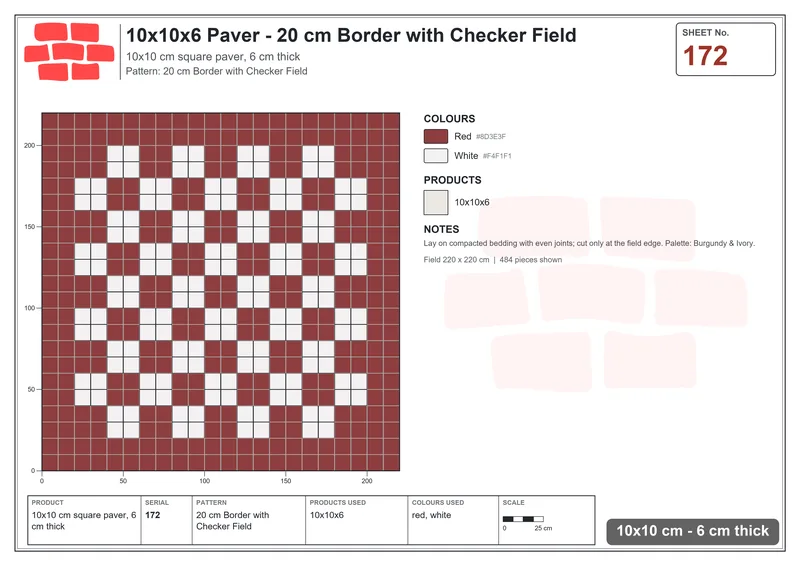 Interlock (Pasco) 10x10 cm · SQ11-172 · 20 cm Border with Checker Field · Laying plan Interlock (Pasco) 10x10 cm · SQ11-172 · 20 cm Border with Checker Field · Laying plan