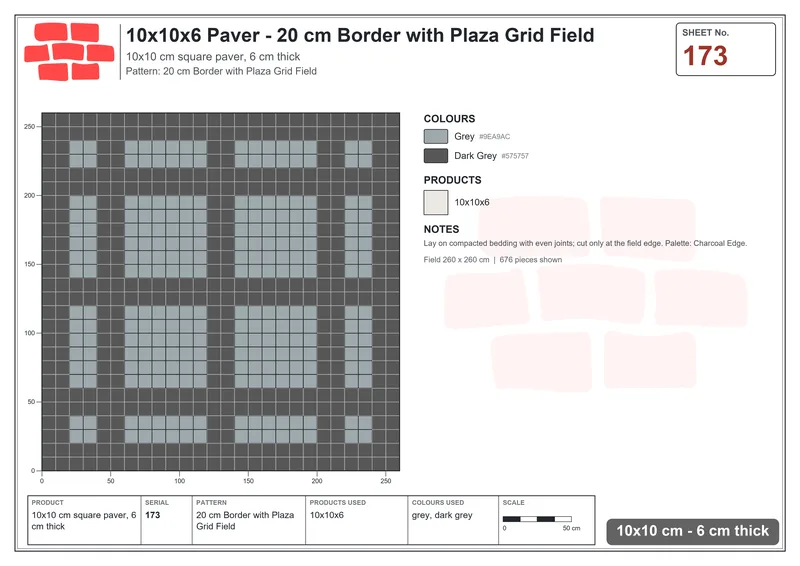 Interlock (Pasco) 10x10 cm · SQ11-173 · 20 cm Border with Plaza Grid Field · Laying plan Interlock (Pasco) 10x10 cm · SQ11-173 · 20 cm Border with Plaza Grid Field · Laying plan