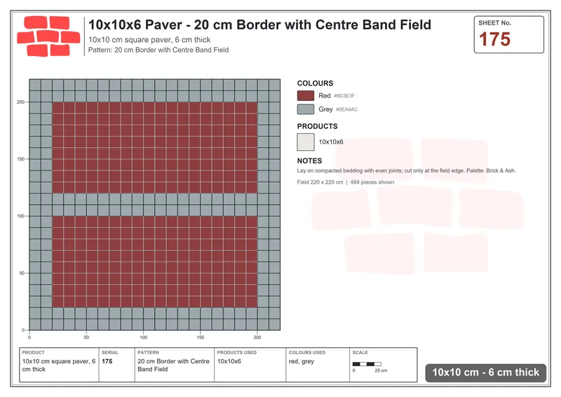 Interlock (Pasco) 10x10 cm · SQ11-175 · 20 cm Border with Centre Band Field · Laying plan Interlock (Pasco) 10x10 cm · SQ11-175 · 20 cm Border with Centre Band Field · Laying plan