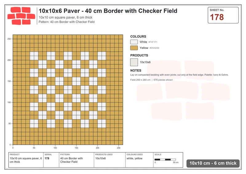 Interlock (Pasco) 10x10 cm · SQ11-178 · 40 cm Border with Checker Field · Laying plan Interlock (Pasco) 10x10 cm · SQ11-178 · 40 cm Border with Checker Field · Laying plan