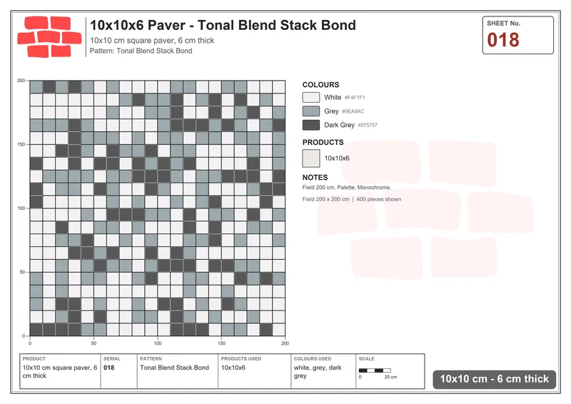 Interlock (Pasco) 10x10 cm · SQ11-18 · Tonal Blend Stack Bond · Laying plan Interlock (Pasco) 10x10 cm · SQ11-18 · Tonal Blend Stack Bond · Laying plan