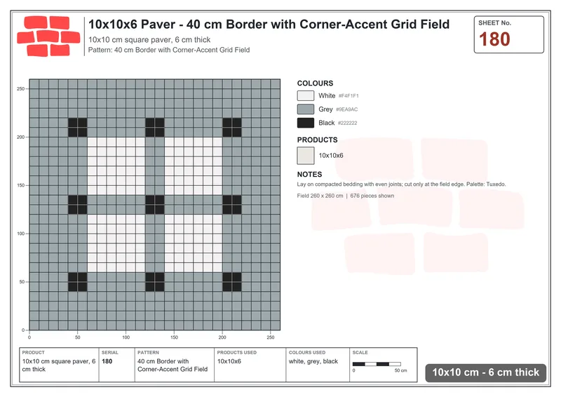 Interlock (Pasco) 10x10 cm · SQ11-180 · 40 cm Border with Corner-Accent Grid Field · Laying plan Interlock (Pasco) 10x10 cm · SQ11-180 · 40 cm Border with Corner-Accent Grid Field · Laying plan