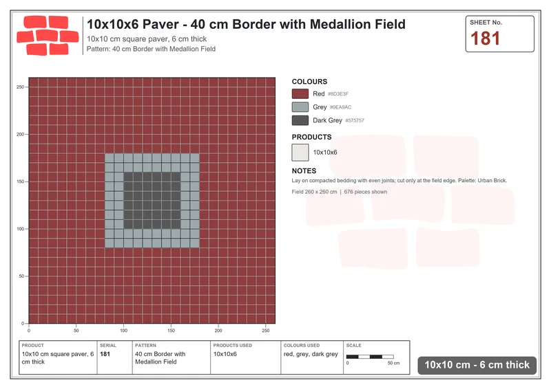 Interlock (Pasco) 10x10 cm · SQ11-181 · 40 cm Border with Medallion Field · Laying plan Interlock (Pasco) 10x10 cm · SQ11-181 · 40 cm Border with Medallion Field · Laying plan