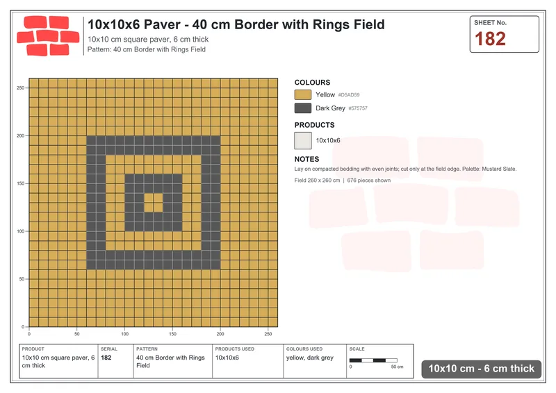 Interlock (Pasco) 10x10 cm · SQ11-182 · 40 cm Border with Rings Field · Laying plan Interlock (Pasco) 10x10 cm · SQ11-182 · 40 cm Border with Rings Field · Laying plan