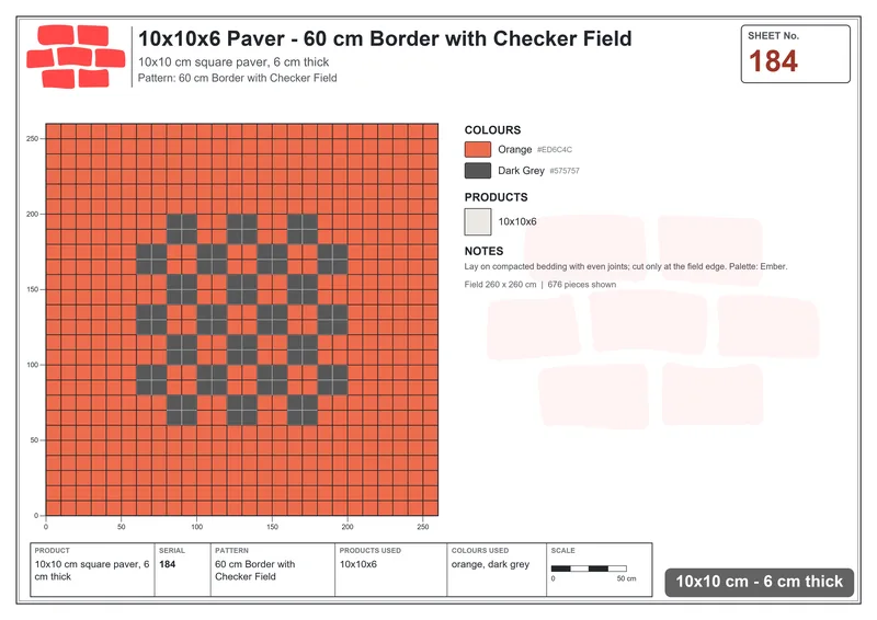 Interlock (Pasco) 10x10 cm · SQ11-184 · 60 cm Border with Checker Field · Laying plan Interlock (Pasco) 10x10 cm · SQ11-184 · 60 cm Border with Checker Field · Laying plan