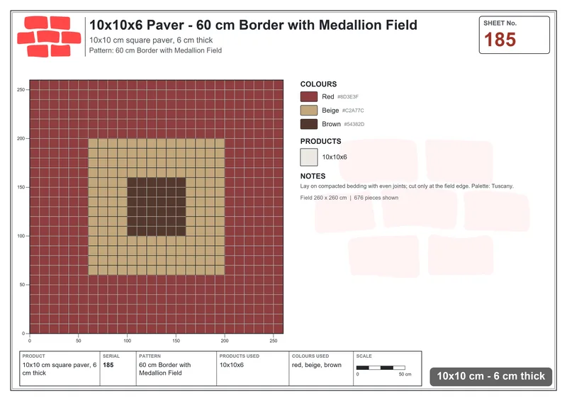 Interlock (Pasco) 10x10 cm · SQ11-185 · 60 cm Border with Medallion Field · Laying plan Interlock (Pasco) 10x10 cm · SQ11-185 · 60 cm Border with Medallion Field · Laying plan
