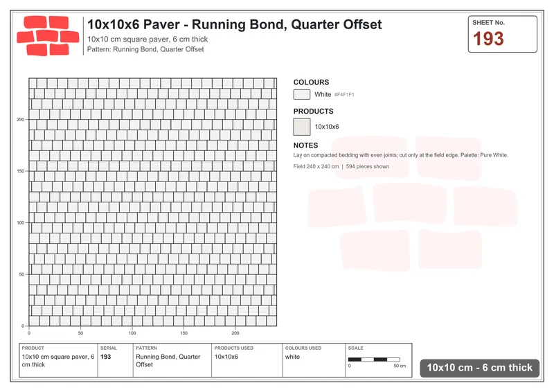 Interlock (Pasco) 10x10 cm · SQ11-193 · Running Bond, Quarter Offset · Laying plan Interlock (Pasco) 10x10 cm · SQ11-193 · Running Bond, Quarter Offset · Laying plan
