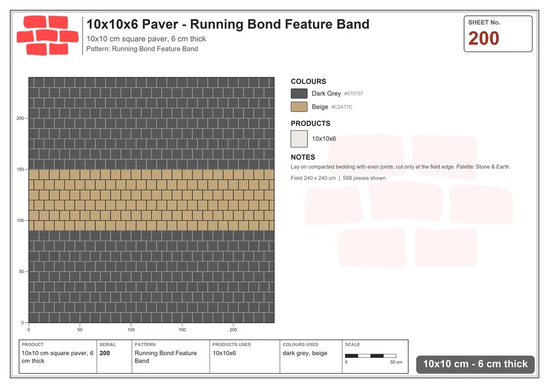 Interlock (Pasco) 10x10 cm · SQ11-200 · Running Bond Feature Band · Laying plan Interlock (Pasco) 10x10 cm · SQ11-200 · Running Bond Feature Band · Laying plan