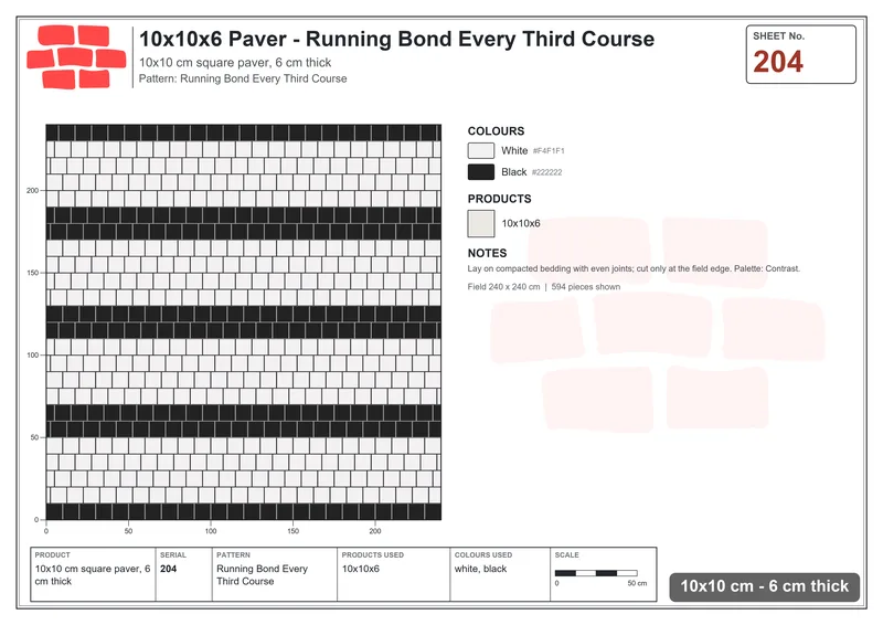 Interlock (Pasco) 10x10 cm · SQ11-204 · Running Bond Every Third Course · Laying plan Interlock (Pasco) 10x10 cm · SQ11-204 · Running Bond Every Third Course · Laying plan