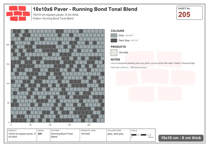 Interlock (Pasco) 10x10 cm · SQ11-205 · Running Bond Tonal Blend · Laying plan Interlock (Pasco) 10x10 cm · SQ11-205 · Running Bond Tonal Blend · Laying plan