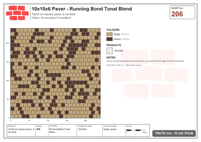 Interlock (Pasco) 10x10 cm · SQ11-206 · Running Bond Tonal Blend · Laying plan Interlock (Pasco) 10x10 cm · SQ11-206 · Running Bond Tonal Blend · Laying plan