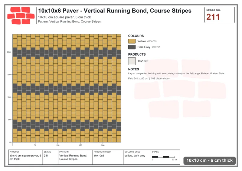 Interlock (Pasco) 10x10 cm · SQ11-211 · Vertical Running Bond, Course Stripes · Laying plan Interlock (Pasco) 10x10 cm · SQ11-211 · Vertical Running Bond, Course Stripes · Laying plan