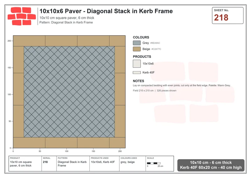 Interlock (Pasco) 10x10 cm · SQ11-218 · Diagonal Stack in Kerb Frame · Laying plan Interlock (Pasco) 10x10 cm · SQ11-218 · Diagonal Stack in Kerb Frame · Laying plan