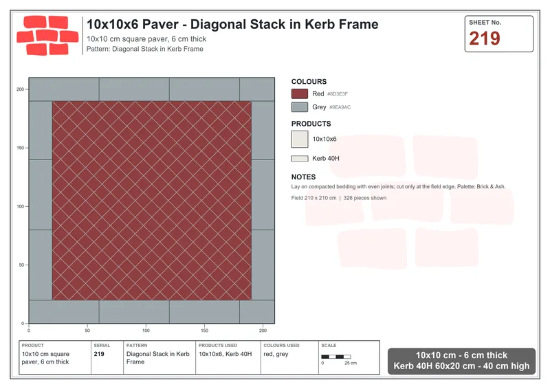 Interlock (Pasco) 10x10 cm · SQ11-219 · Diagonal Stack in Kerb Frame · Laying plan Interlock (Pasco) 10x10 cm · SQ11-219 · Diagonal Stack in Kerb Frame · Laying plan