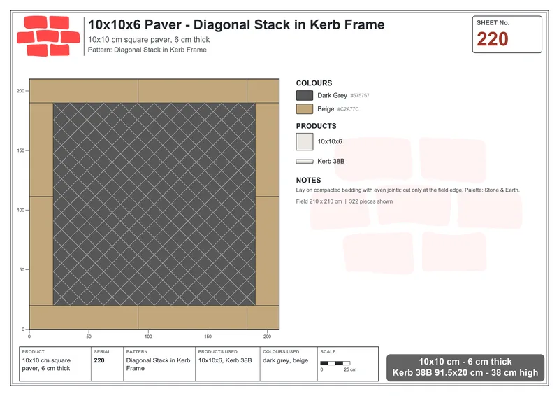 Interlock (Pasco) 10x10 cm · SQ11-220 · Diagonal Stack in Kerb Frame · Laying plan Interlock (Pasco) 10x10 cm · SQ11-220 · Diagonal Stack in Kerb Frame · Laying plan