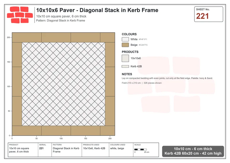 Interlock (Pasco) 10x10 cm · SQ11-221 · Diagonal Stack in Kerb Frame · Laying plan Interlock (Pasco) 10x10 cm · SQ11-221 · Diagonal Stack in Kerb Frame · Laying plan