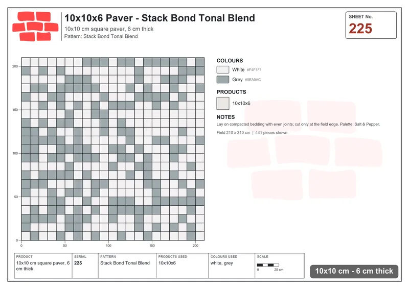 Interlock (Pasco) 10x10 cm · SQ11-225 · Stack Bond Tonal Blend · Laying plan Interlock (Pasco) 10x10 cm · SQ11-225 · Stack Bond Tonal Blend · Laying plan