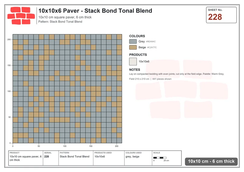 Interlock (Pasco) 10x10 cm · SQ11-228 · Stack Bond Tonal Blend · Laying plan Interlock (Pasco) 10x10 cm · SQ11-228 · Stack Bond Tonal Blend · Laying plan
