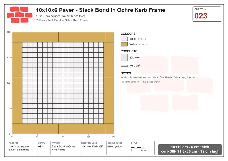 Interlock (Pasco) 10x10 cm · SQ11-23 · Stack Bond in Ochre Kerb Frame · Laying plan Interlock (Pasco) 10x10 cm · SQ11-23 · Stack Bond in Ochre Kerb Frame · Laying plan