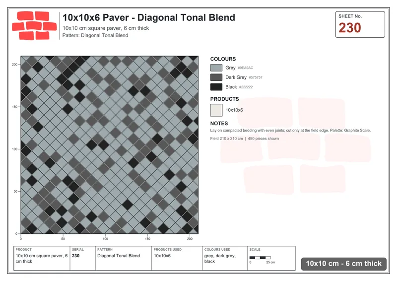 Interlock (Pasco) 10x10 cm · SQ11-230 · Diagonal Tonal Blend · Laying plan Interlock (Pasco) 10x10 cm · SQ11-230 · Diagonal Tonal Blend · Laying plan