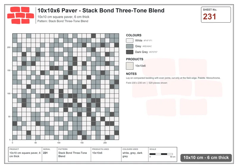 Interlock (Pasco) 10x10 cm · SQ11-231 · Stack Bond Three-Tone Blend · Laying plan Interlock (Pasco) 10x10 cm · SQ11-231 · Stack Bond Three-Tone Blend · Laying plan