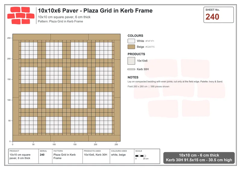 Interlock (Pasco) 10x10 cm · SQ11-240 · Plaza Grid in Kerb Frame · Laying plan Interlock (Pasco) 10x10 cm · SQ11-240 · Plaza Grid in Kerb Frame · Laying plan
