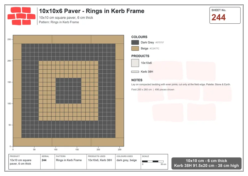 Interlock (Pasco) 10x10 cm · SQ11-244 · Rings in Kerb Frame · Laying plan Interlock (Pasco) 10x10 cm · SQ11-244 · Rings in Kerb Frame · Laying plan