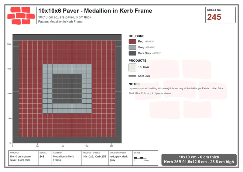 Interlock (Pasco) 10x10 cm · SQ11-245 · Medallion in Kerb Frame · Laying plan Interlock (Pasco) 10x10 cm · SQ11-245 · Medallion in Kerb Frame · Laying plan