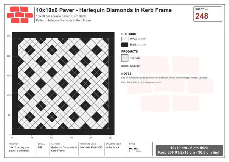 Interlock (Pasco) 10x10 cm · SQ11-248 · Harlequin Diamonds in Kerb Frame · Laying plan Interlock (Pasco) 10x10 cm · SQ11-248 · Harlequin Diamonds in Kerb Frame · Laying plan