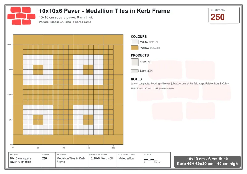 Interlock (Pasco) 10x10 cm · SQ11-250 · Medallion Tiles in Kerb Frame · Laying plan Interlock (Pasco) 10x10 cm · SQ11-250 · Medallion Tiles in Kerb Frame · Laying plan